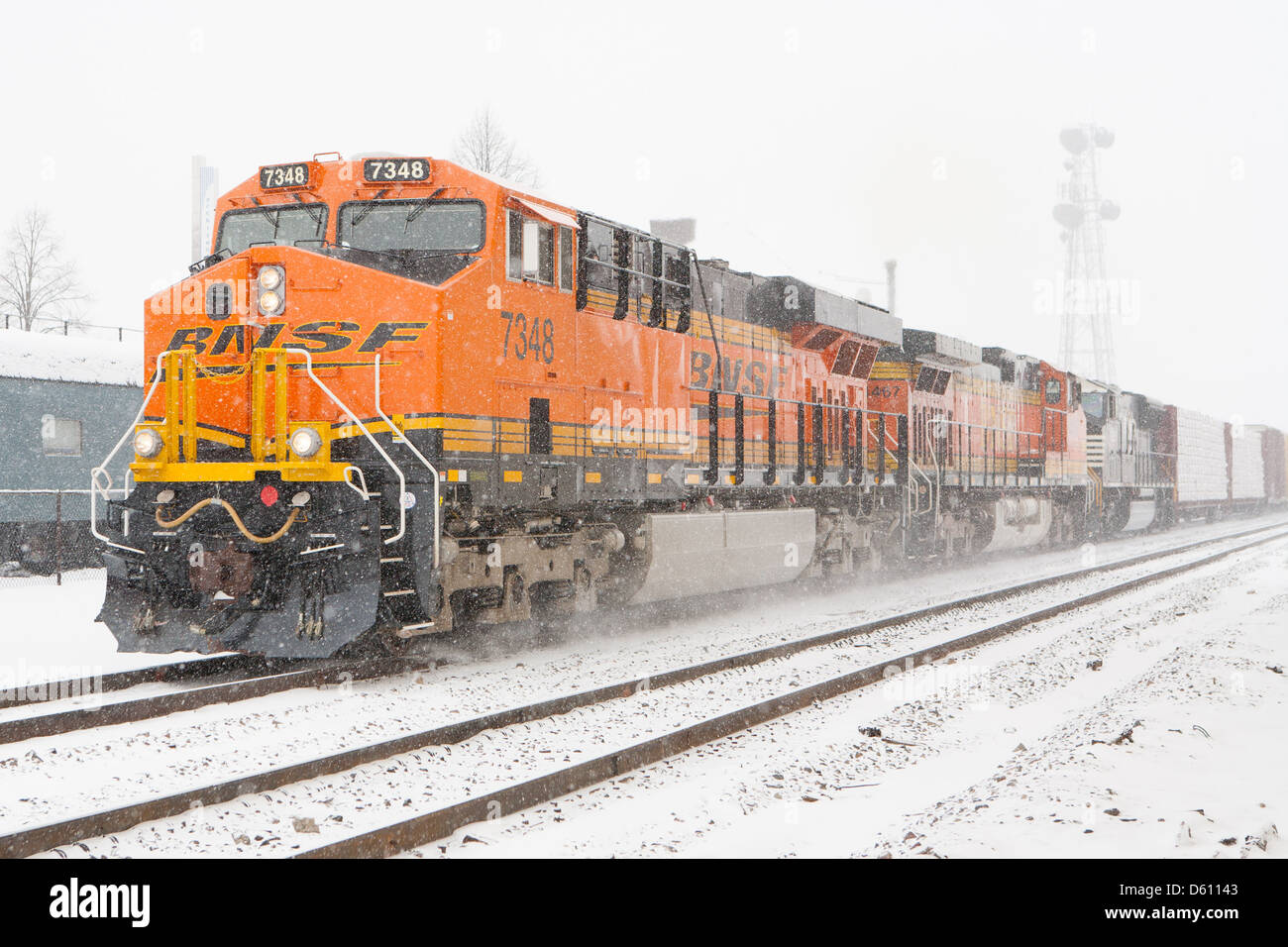 A BNSF freight train passes thru Fargo, North Dakota, USA Stock Photo