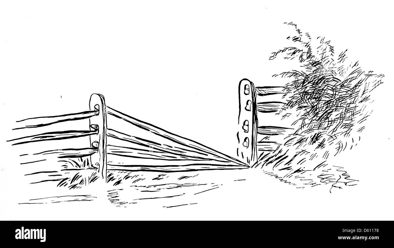 An image from 'A Little Book of Home and Country Verse' (1906), illustrating a peaceful rural scene with a wooden fence. The image reflects the simplicity and charm of rural life during the early 20th century. Stock Photo