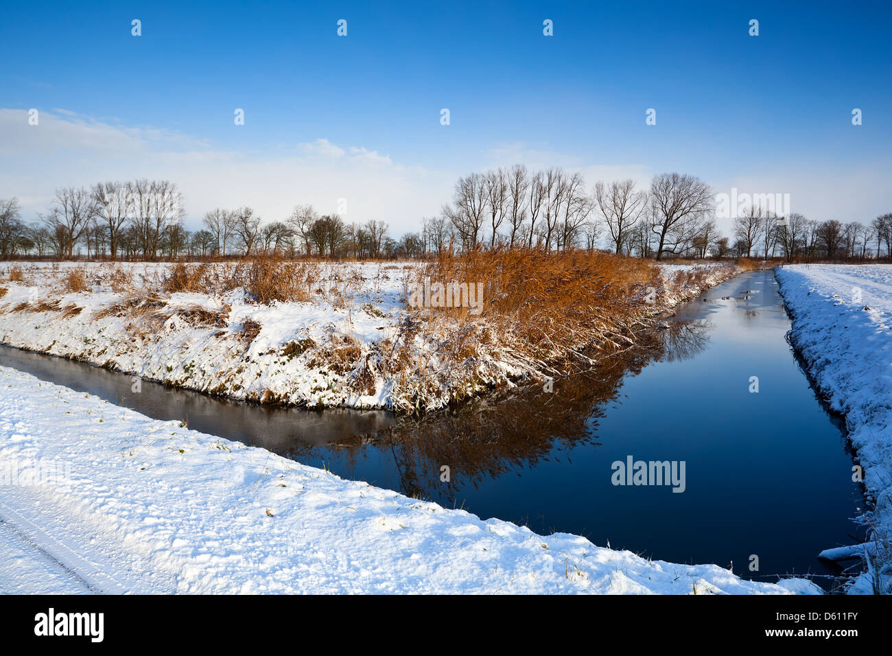 river  and white snowy meadows Stock Photo