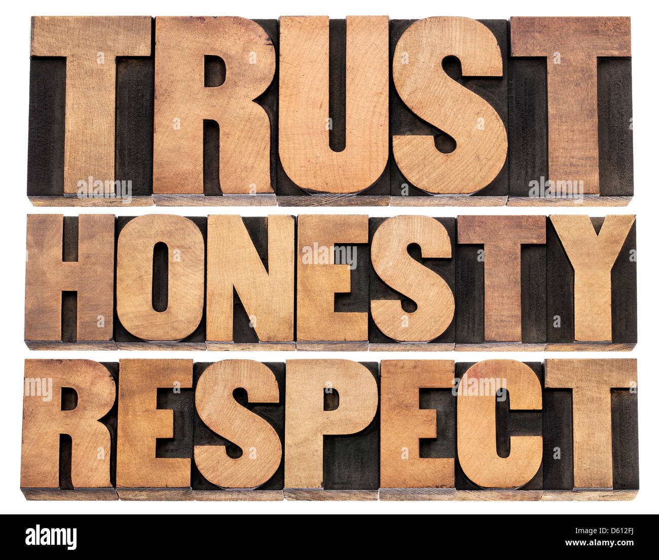 trust, honesty, respect - isolated words in vintage letterpress wood type printing blocks Stock Photo