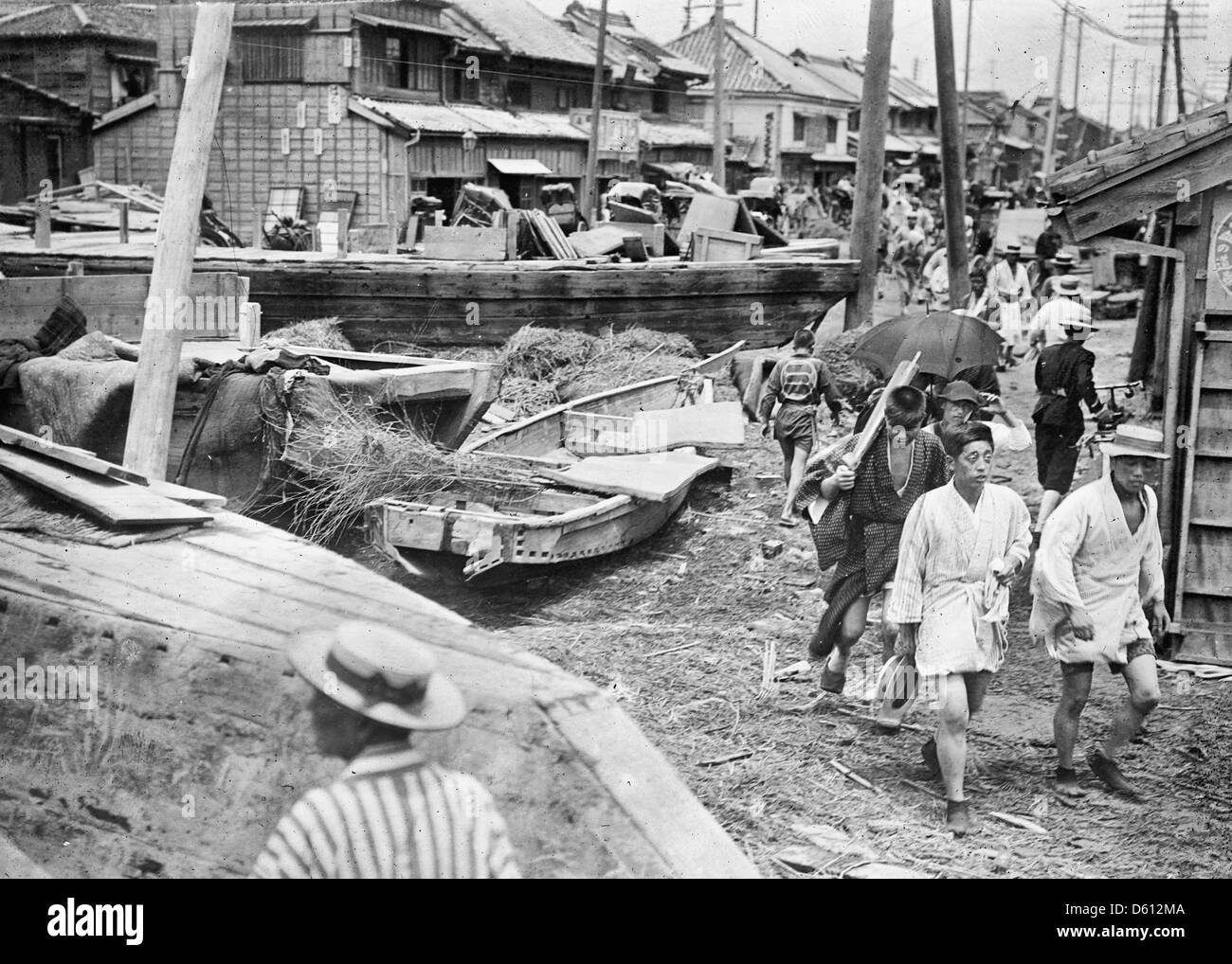 Japanese typhoon - boats washed a mile inland at Tokyo, Japan circa 1911 Stock Photo