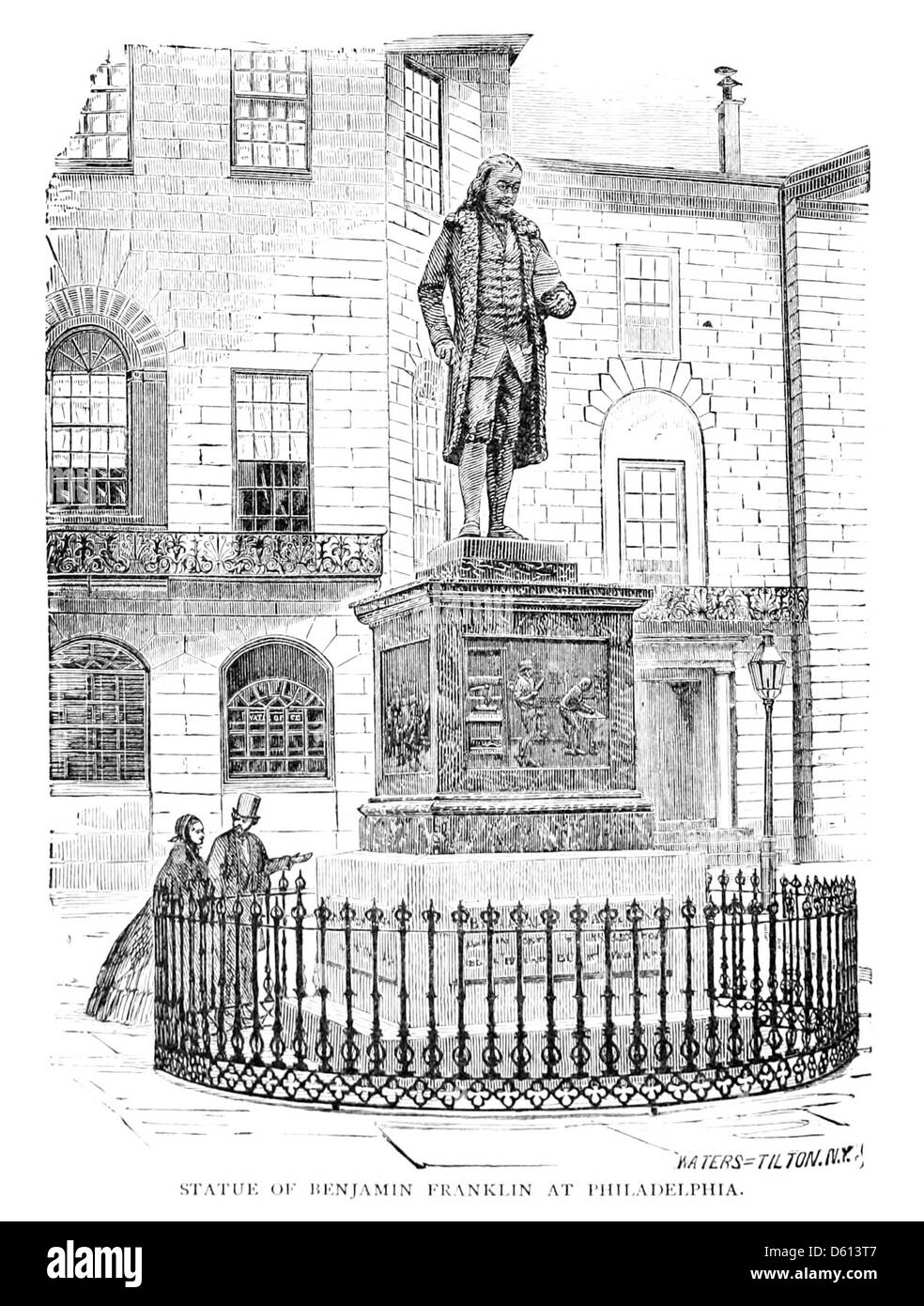 This image likely portrays a scene from A Family Flight Around Home (1884), featuring a reference to Benjamin Franklin, possibly through a domestic or historical setting related to Franklin's time in Philadelphia. Stock Photo