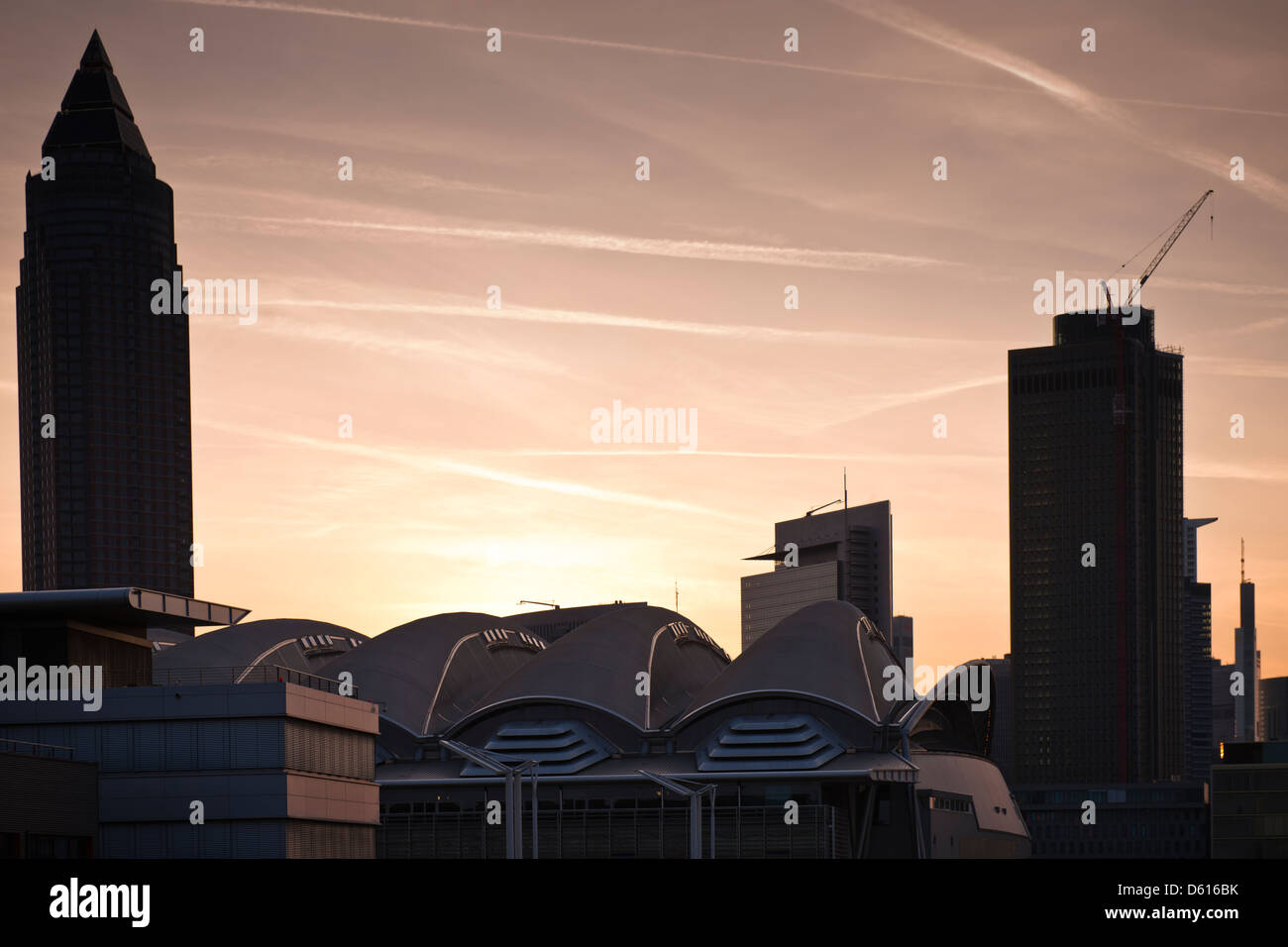 MesseTurm building and the Frankfurt sky at sunrise. Stock Photo