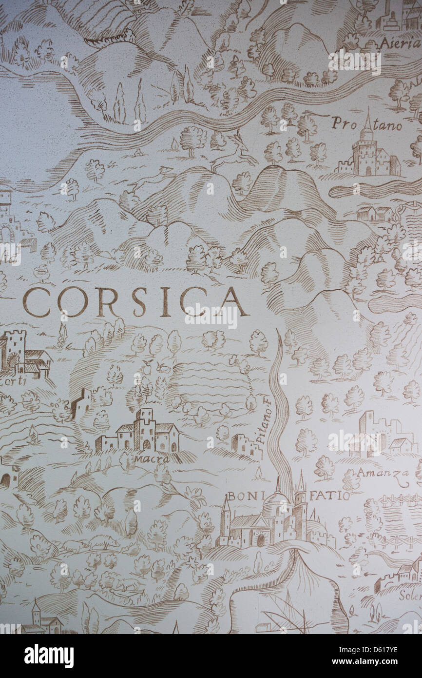 France, Corsica, Corte, Citadel, Musee de la Corse museum, ancient map of Corsica mural Stock Photo