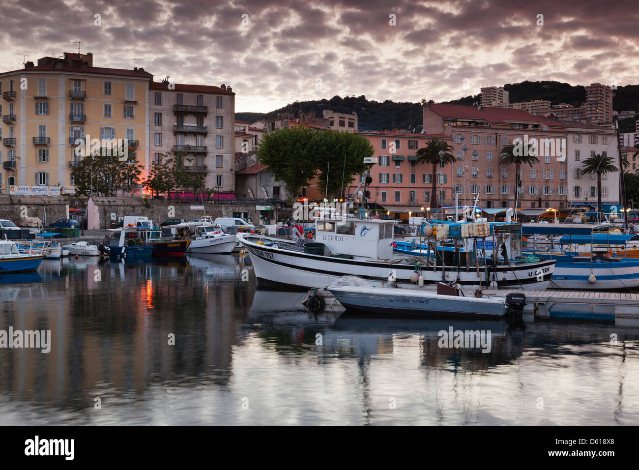 France, Corsica, Ajaccio, city view from Port Tino Rossi, dusk Stock Photo