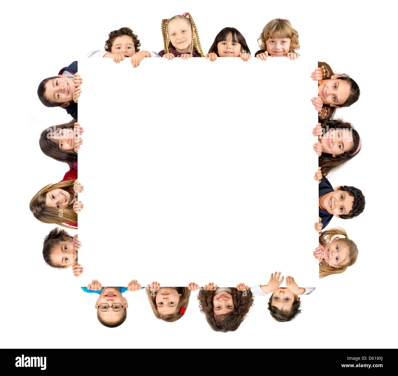 Group of children with a white board isolated in white Stock Photo