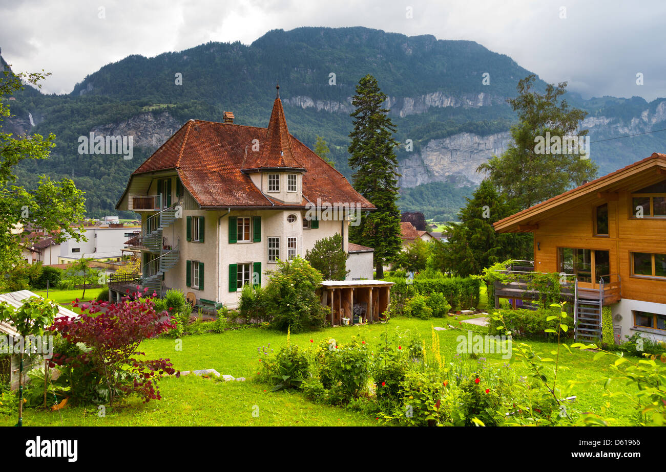 Swiss houses with a garden Stock Photo
