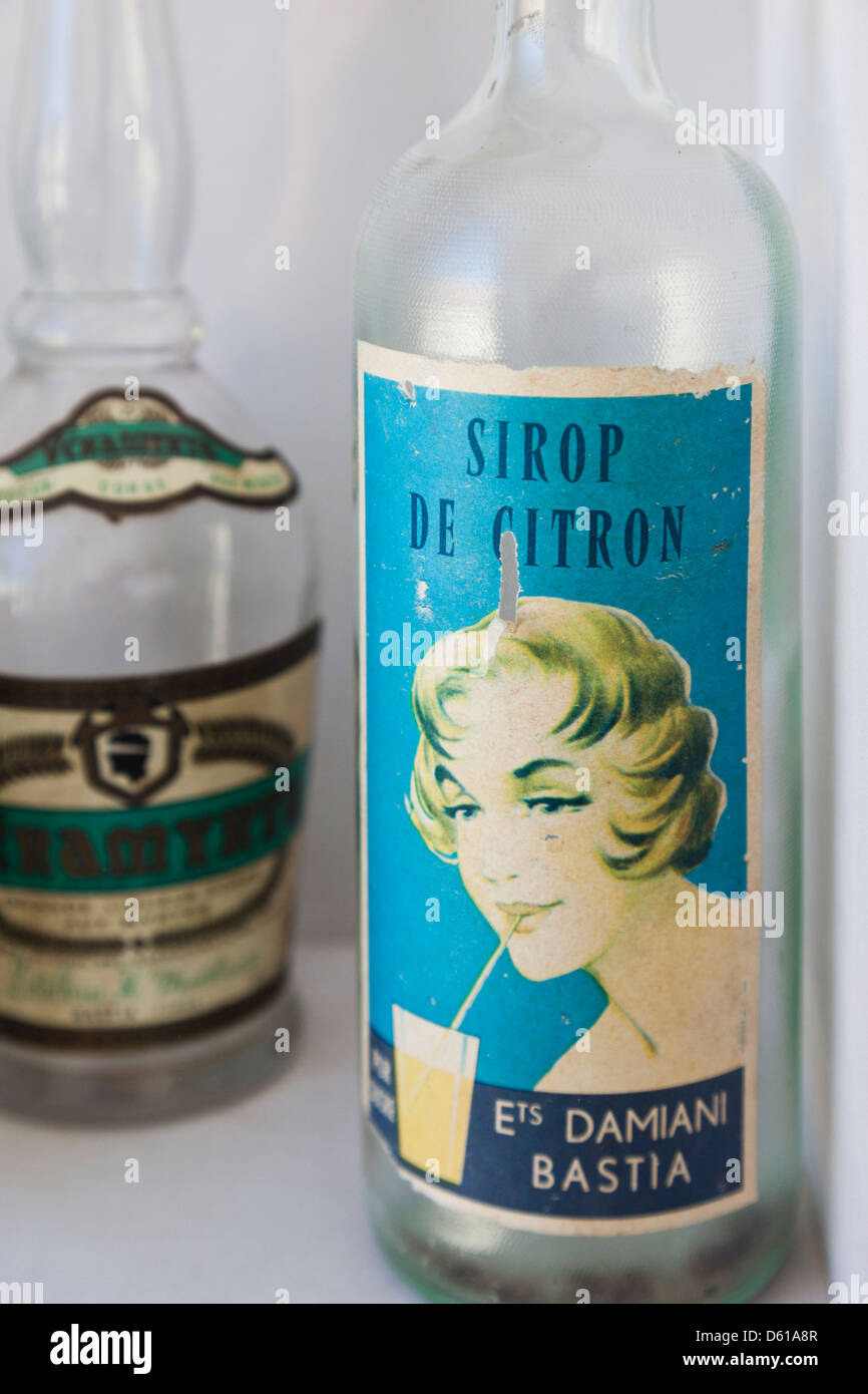 France, Corsica, Corte, Citadel, Musee de la Corse museum, old bottles of Corsican liqueurs Stock Photo