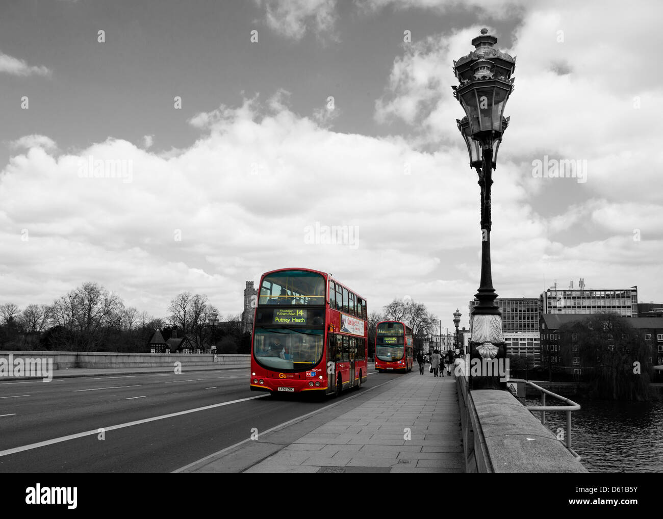 Big red London bus on black and white background Stock Photo