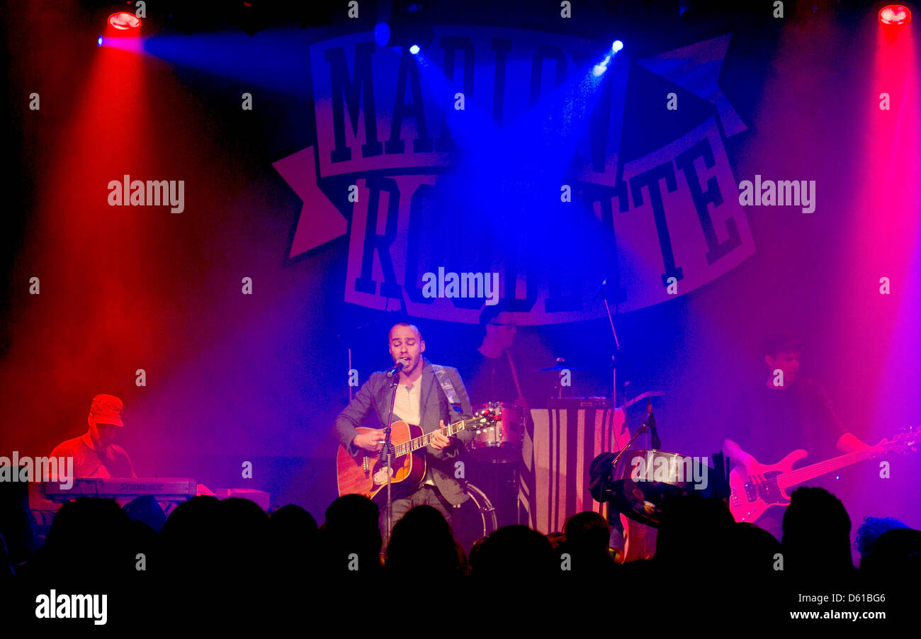 British singer and song writer Marlon Roudette performs with his band on stage during a concert at the DasCann venue in Stuttgart, Germany, 14 April 2012. Photo: Thomas Niedermueller Stock Photo