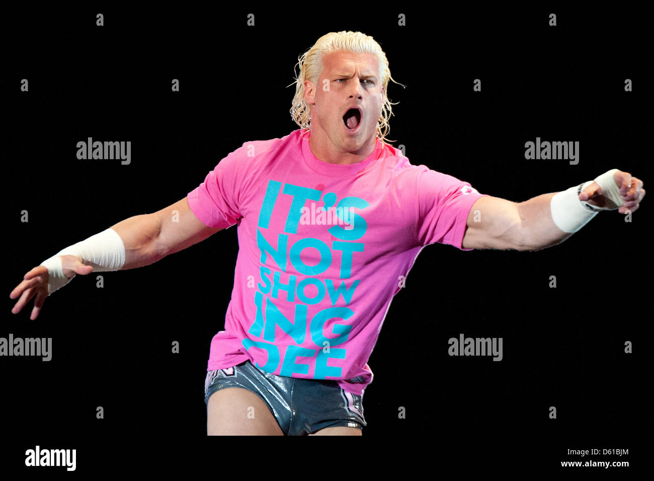 US-wrestler Dolph Ziggler shouts and gestures prior to a fight at the RAW WrestleMania Revenge Tour at the o2 World canue in Berlin, Germany, 14 April 2012. The WWE (World Wrestling Entertainment) celebrates its 20th German anniversary this April. The first show in Germany was staged in Kiel, Germany, in April 1992. Photo: Sebastian Kahnert Stock Photo