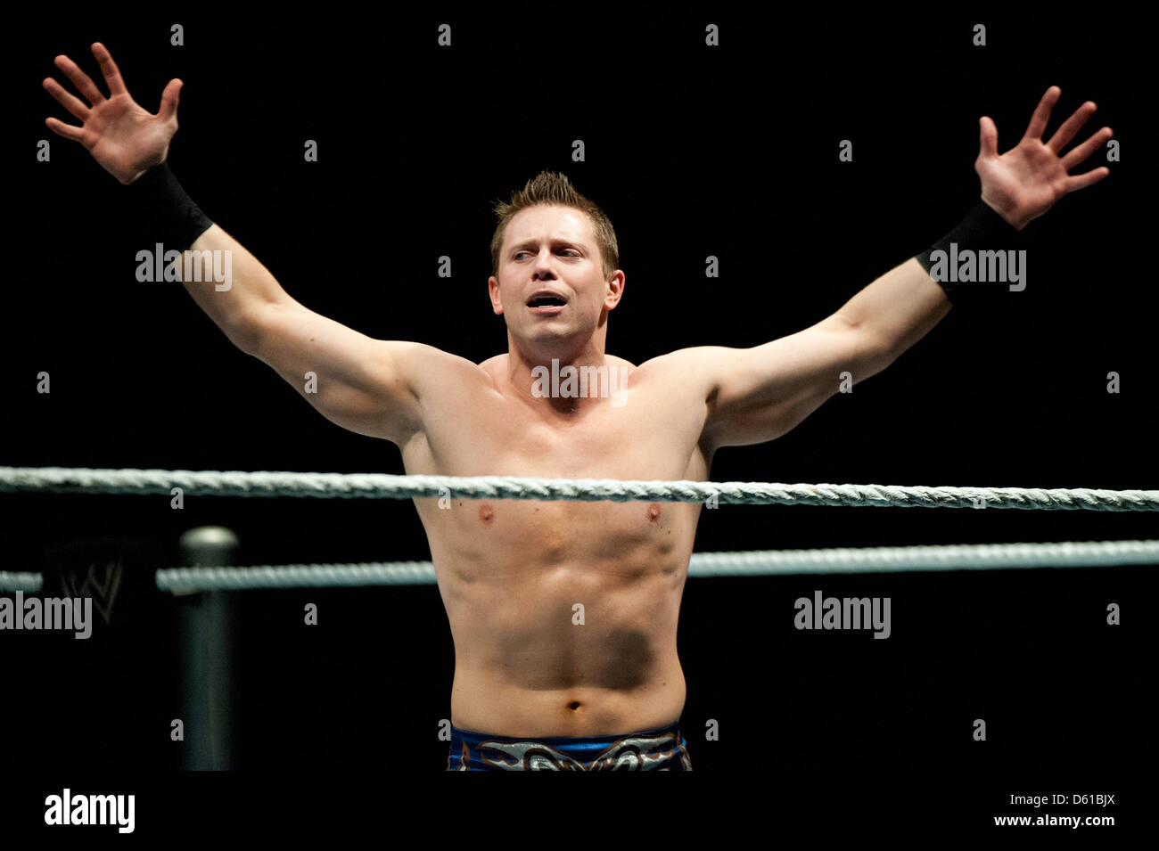 US-wrestler The Miz shouts and gestures prior to a fight at the RAW WrestleMania Revenge Tour at the o2 World canue in Berlin, Germany, 14 April 2012. The WWE (World Wrestling Entertainment) celebrates its 20th German anniversary this April. The first show in Germany was staged in Kiel, Germany, in April 1992. Photo: Sebastian Kahnert Stock Photo