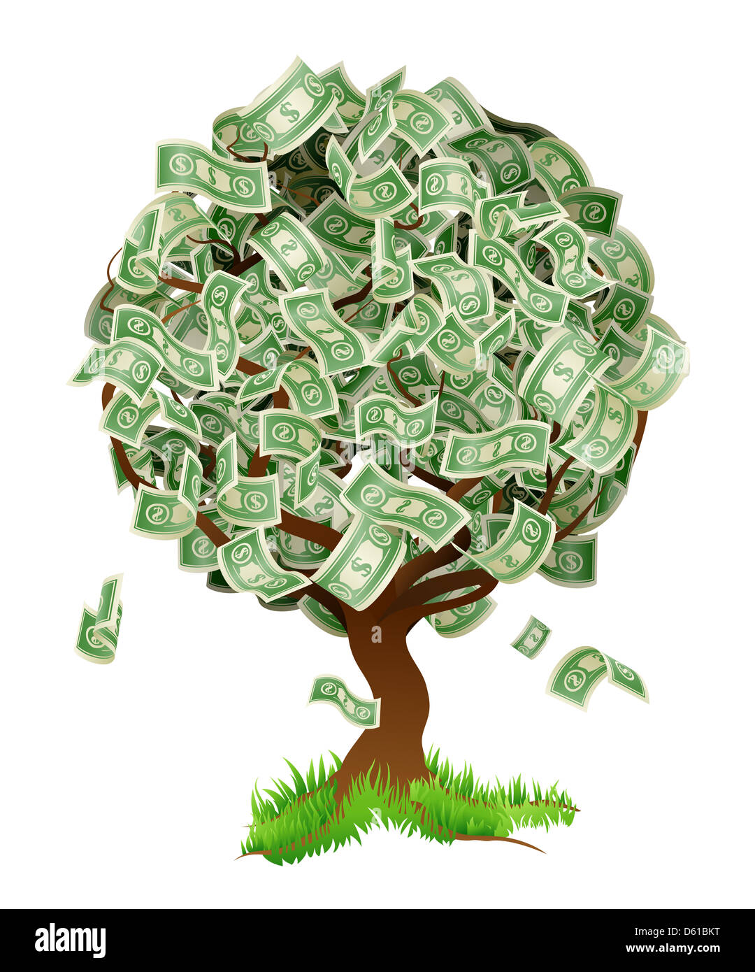 A conceptual illustration of a tree growing money dollar notes. Concept for profit or economic growth or earning interest. Stock Photo