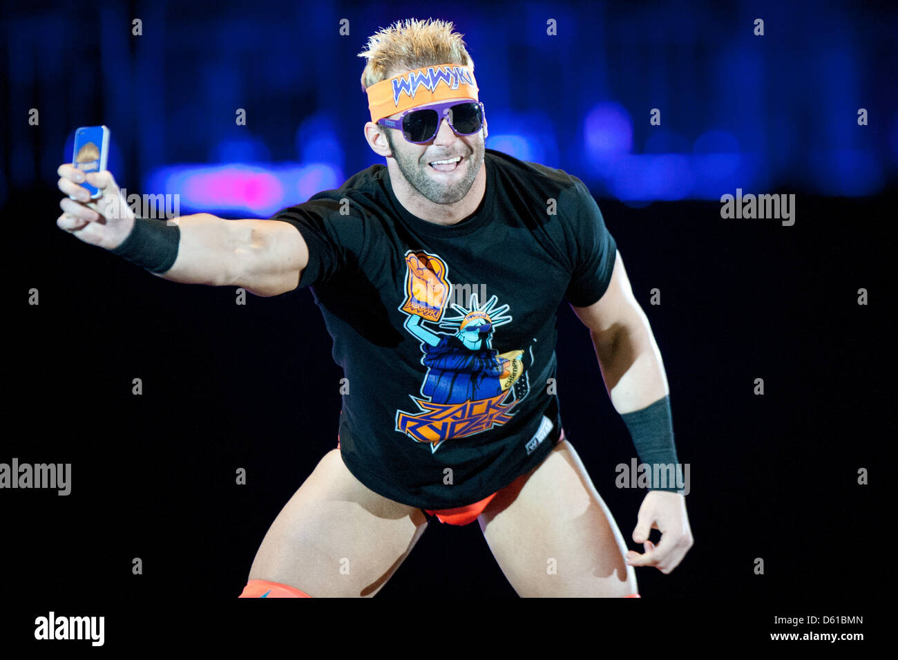 US-wrestler Zack Ryder smiles and gestures prior to a fight at the RAW WrestleMania Revenge Tour at the o2 World canue in Berlin, Germany, 14 April 2012. The WWE (World Wrestling Entertainment) celebrates its 20th German anniversary this April. The first show in Germany was staged in Kiel, Germany, in April 1992. Photo: Sebastian Kahnert Stock Photo