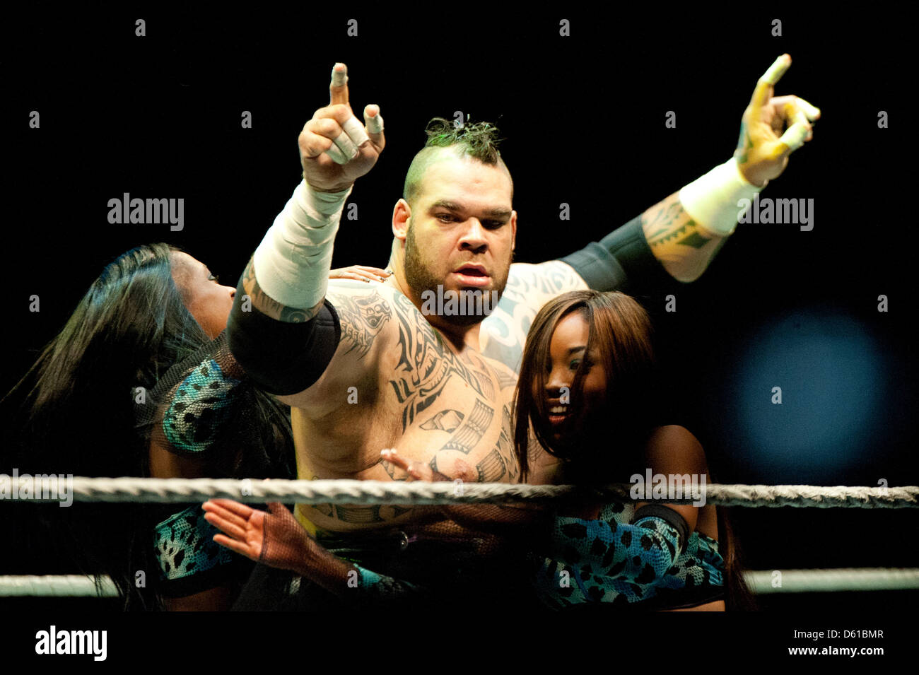 US-wrestler Funkasaurus cheers after a fight at the RAW WrestleMania Revenge Tour at the o2 World canue in Berlin, Germany, 14 April 2012. The WWE (World Wrestling Entertainment) celebrates its 20th German anniversary this April. The first show in Germany was staged in Kiel, Germany, in April 1992. Photo: Sebastian Kahnert Stock Photo
