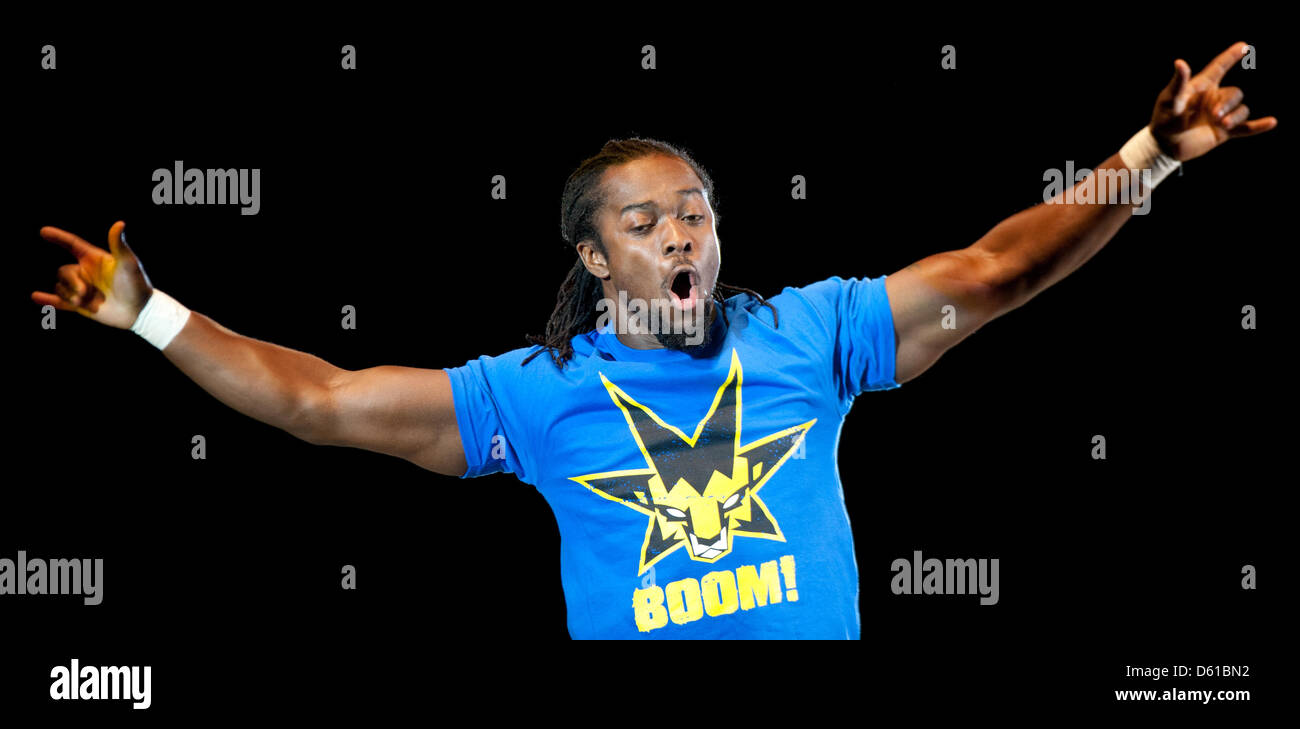Ghanaian wrestler Kofi Kingston cheers and poses prior to a fight at the RAW WrestleMania Revenge Tour at the o2 World canue in Berlin, Germany, 14 April 2012. The WWE (World Wrestling Entertainment) celebrates its 20th German anniversary this April. The first show in Germany was staged in Kiel, Germany, in April 1992. Photo: Sebastian Kahnert Stock Photo