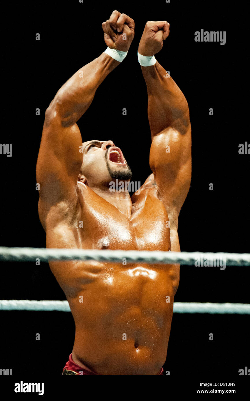 US-wrestler David Otunga  cheers during a fight at the RAW WrestleMania Revenge Tour at the o2 World canue in Berlin, Germany, 14 April 2012. The WWE (World Wrestling Entertainment) celebrates its 20th German anniversary this April. The first show in Germany was staged in Kiel, Germany, in April 1992. Photo: Sebastian Kahnert Stock Photo