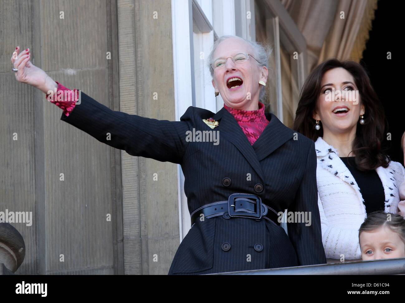 Danish Queen Margrethe (L), Crown Princess Mary and her daughter Isabella (front) stand on the balcony of Amalienborg Palace to celebrate the 72nd birthday of Queen Margrethe in Copenhagen, Denmark, 16 April 2012. Photo: Patrick van Katwijk NETHERLANDS OUT Stock Photo