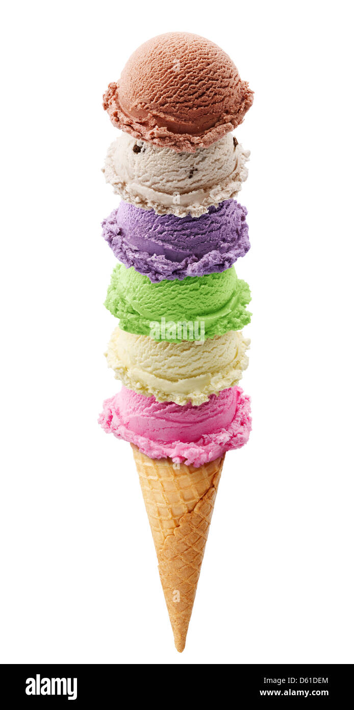 six scoops of ice cream on cone against white background Stock Photo