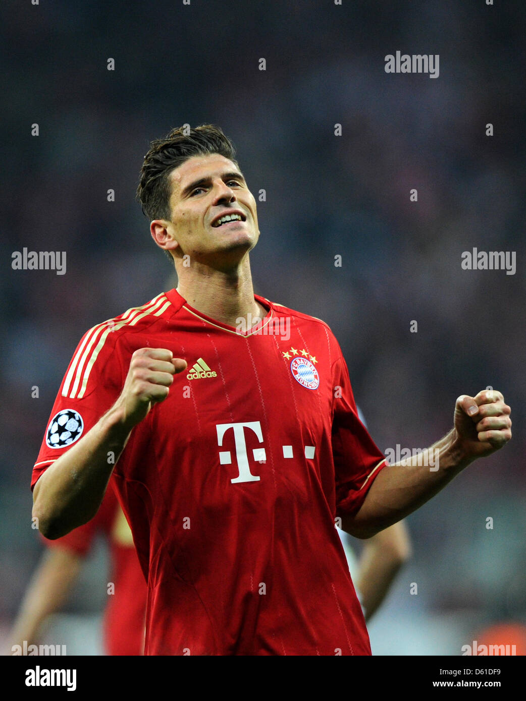 Munich's Mario Gomez celebrates after the first leg of the UEFA Champions  league semi final between FC Bayern Munich and Real madrid at the Allianz  Arena in Munihc, Germany, 17 April 2012.