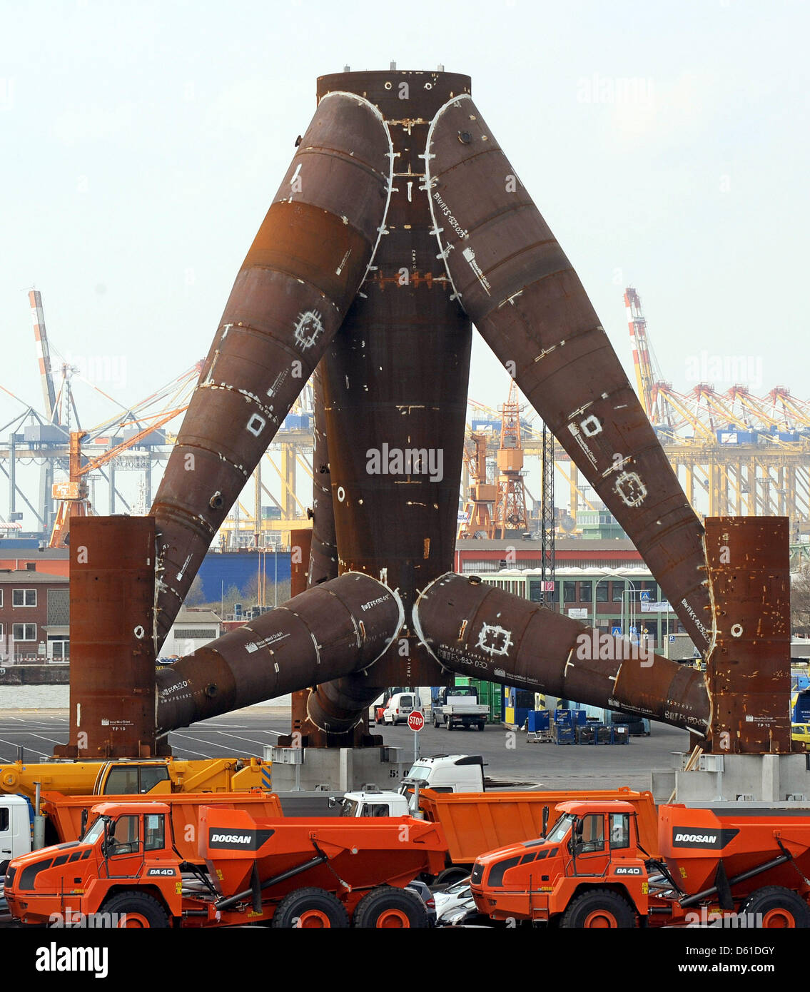 Gigantic tripods of offshore construction company 'WeserWind Ltd.' are ready to be shipped in Bremerhaven, Germany, 17 April 2012. The steel tripods weigh 900 tons and will be used as base for offshore wind turbines in the North Sea and Baltic Sea. Photo: INGO WAGNER Stock Photo