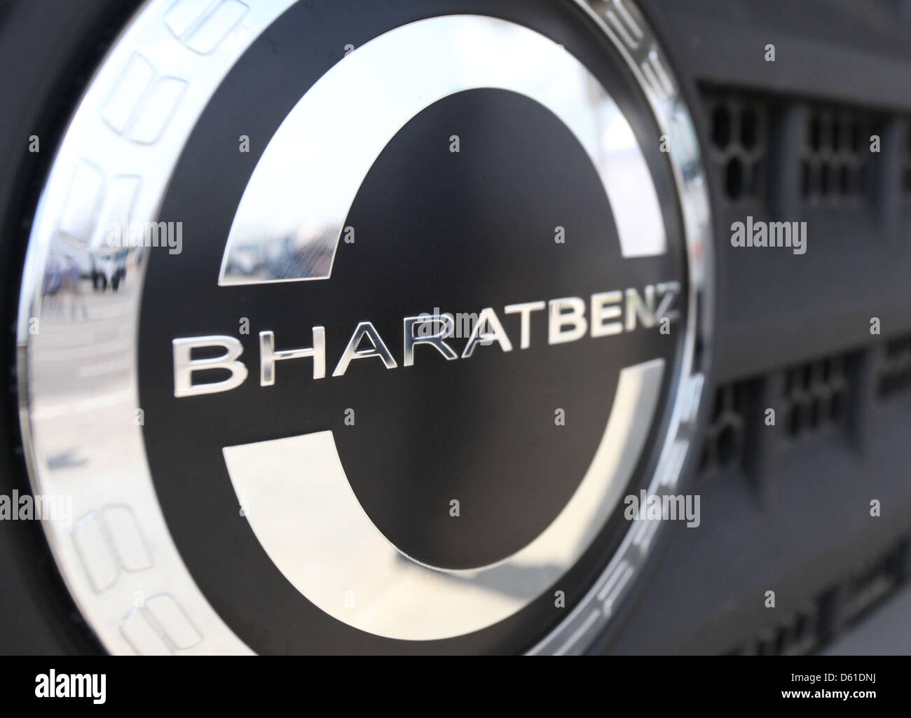 The logo of the new Daimler brand Bharat-Benz is seen on a truck at the new Daimler truck plant in Oragadam, India, 18 April 2012. Car manufacturer Daimler enters the Indian market for trucks with its own plant. The Indian truck market is already the tird largest of its kind in the world and keeps growing rapidly. The new plant in Oragadam will produce medium and heavy trucks under Stock Photo