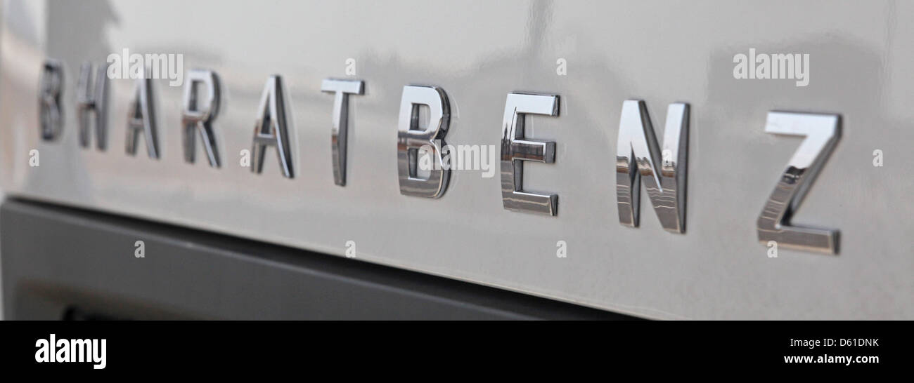 The lettering of the new Daimler brand Bharat-Benz is seen on a truck at the new Daimler truck plant in Oragadam, India, 18 April 2012. Car manufacturer Daimler enters the Indian market for trucks with its own plant. The Indian truck market is already the tird largest of its kind in the world and keeps growing rapidly. The new plant in Oragadam will produce medium and heavy trucks  Stock Photo
