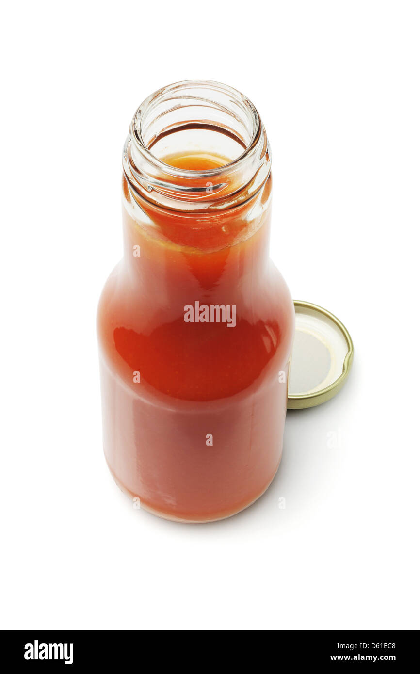 Open Bottle of Chili Sauce On White Background Stock Photo