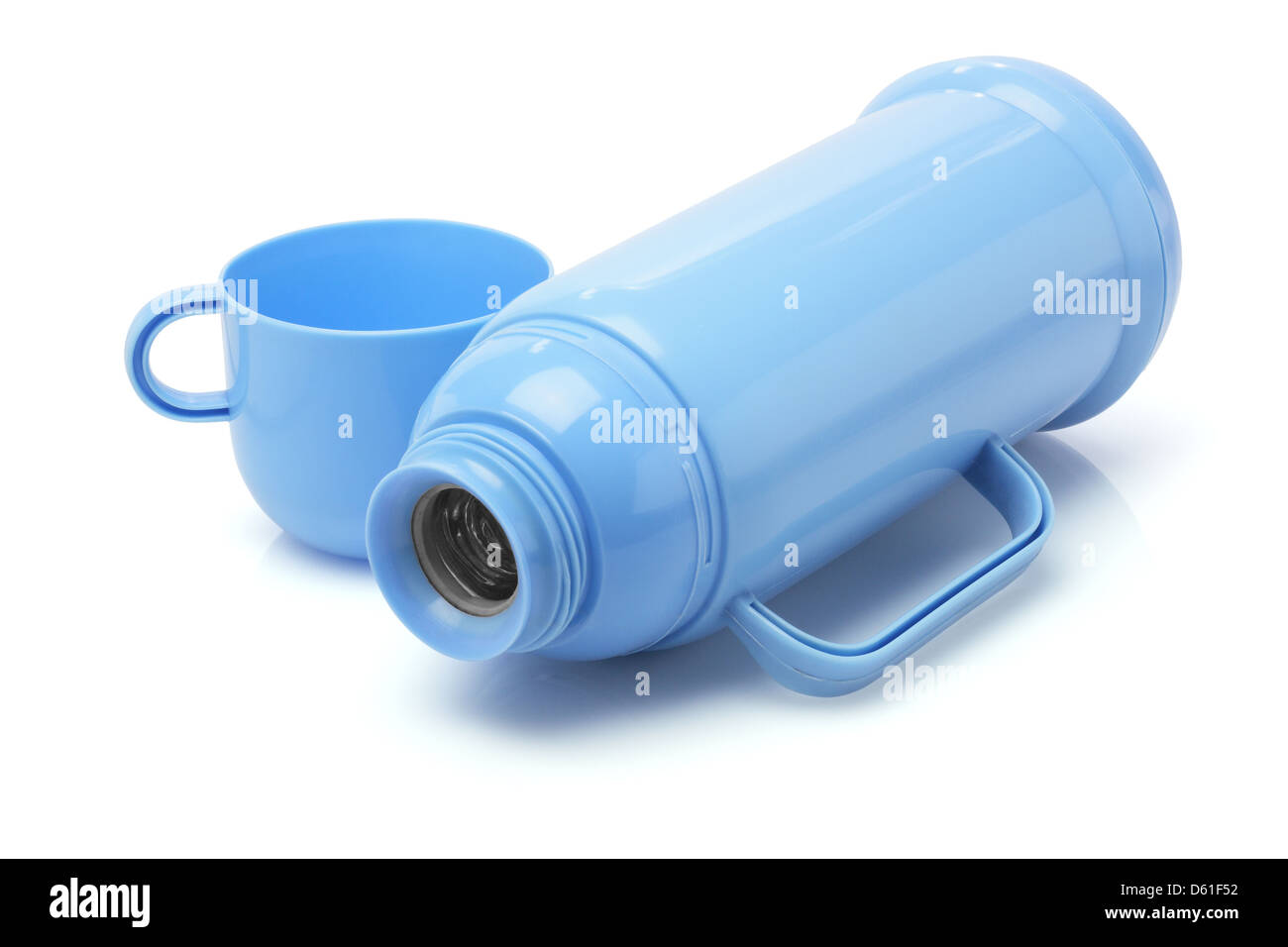 Blue Plastic Thermos Flask And Cup On White Background Stock Photo - Alamy