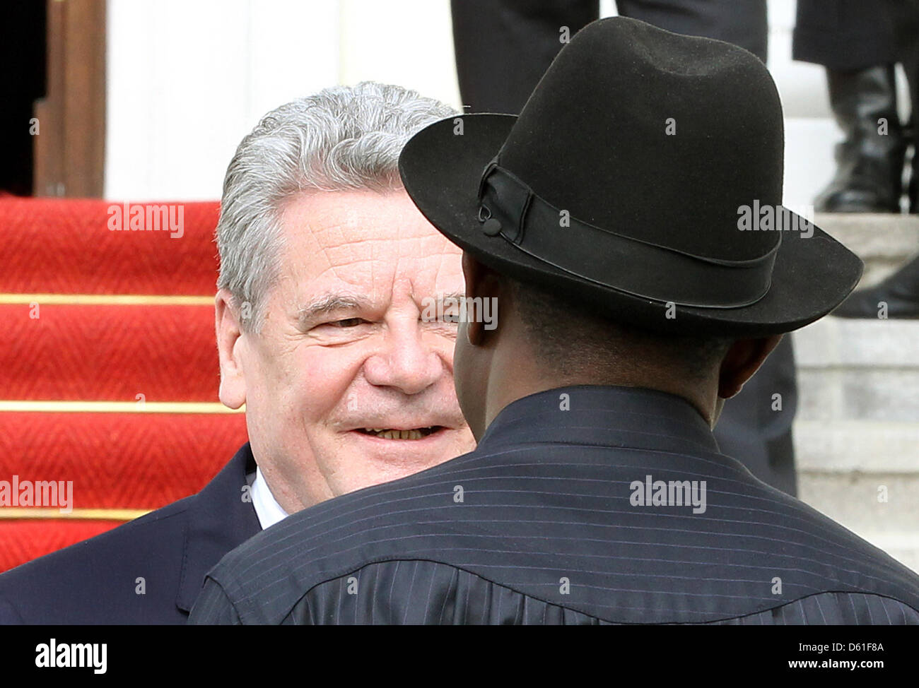 German President Joachim Gauck (L) receives President of Nigeria, Goodluck Ebele Jonathan, at the Bellevue Palace in Berlin, Germany, 20 April 2012. The Nigerian President was greeted with military honour by German Chancellor Angela Merkel one day before and is on a visit to Germany for several days. Photo: Wolfgang Kumm Stock Photo