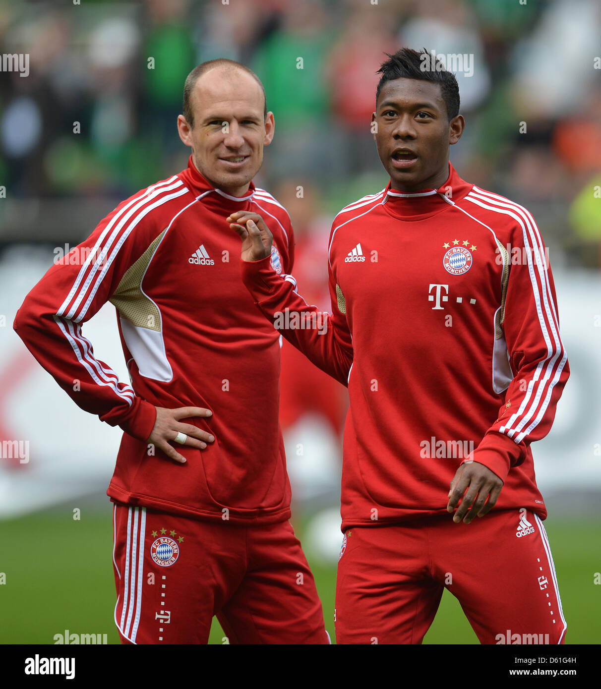 Munich's Arjen Robben and David Alaba are pictured prior to the Bundesliga  soccer match between Werder Bremen and Bayern Munich at Weser Stadium in  Bremen, Germany, 21 April 2012. Werder Bremen loses