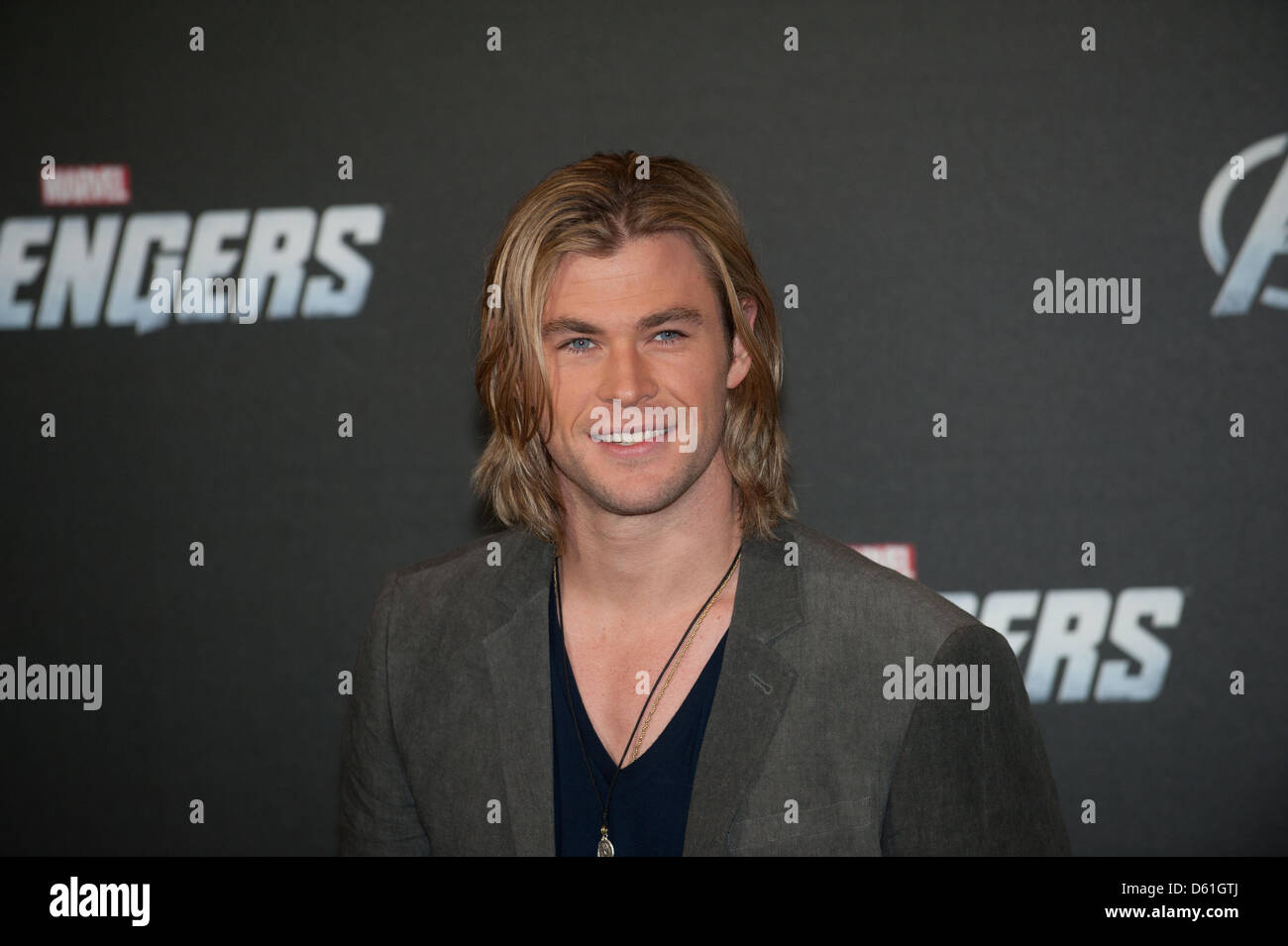 Australian actor Chris Hemsworth poses for the camera during the 'Marvel's the Avengers' photocall in Berlin, Germany, 23 April 2012. The movie will be aired to German cinemas on 26 April 2012. Photo: JOERG CARSTENSEN Stock Photo