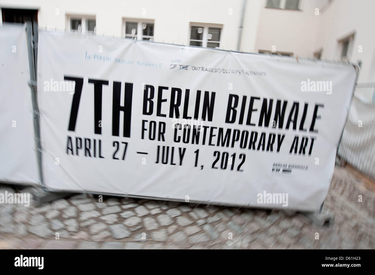 An advertising banner announces the 7th Berlin Biennale at Tucholskystrasse in Berlin, Germany, 05 April 2012. From 27 April to 01 June 2012 the contemporary art show Berlin Biennale takes place in the German capital.   Photo: Robert Schlesinger Stock Photo