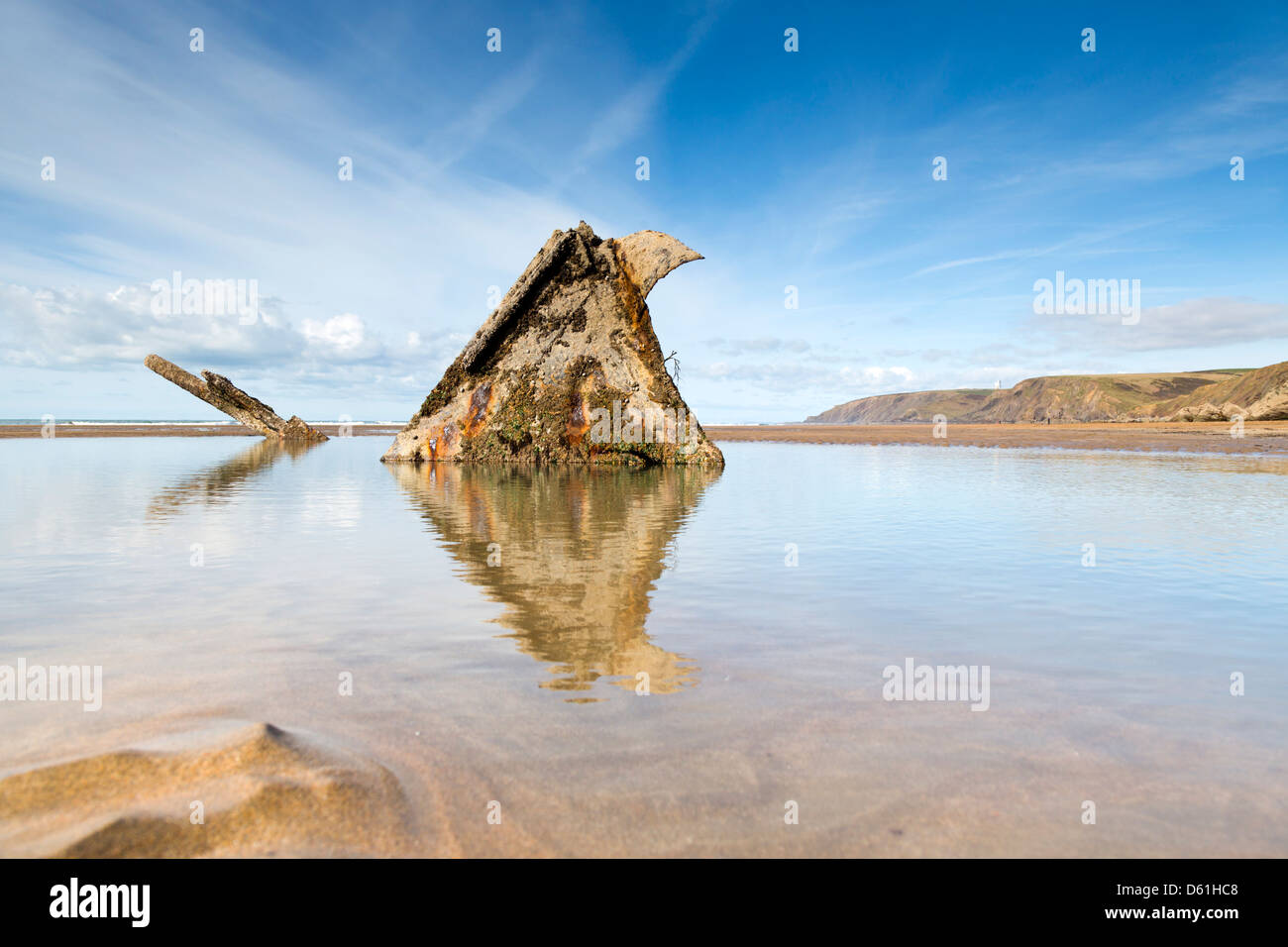 Beach; Near Flexbury; Bude; Cornwall; Remains of an Old Ship;UK Stock
