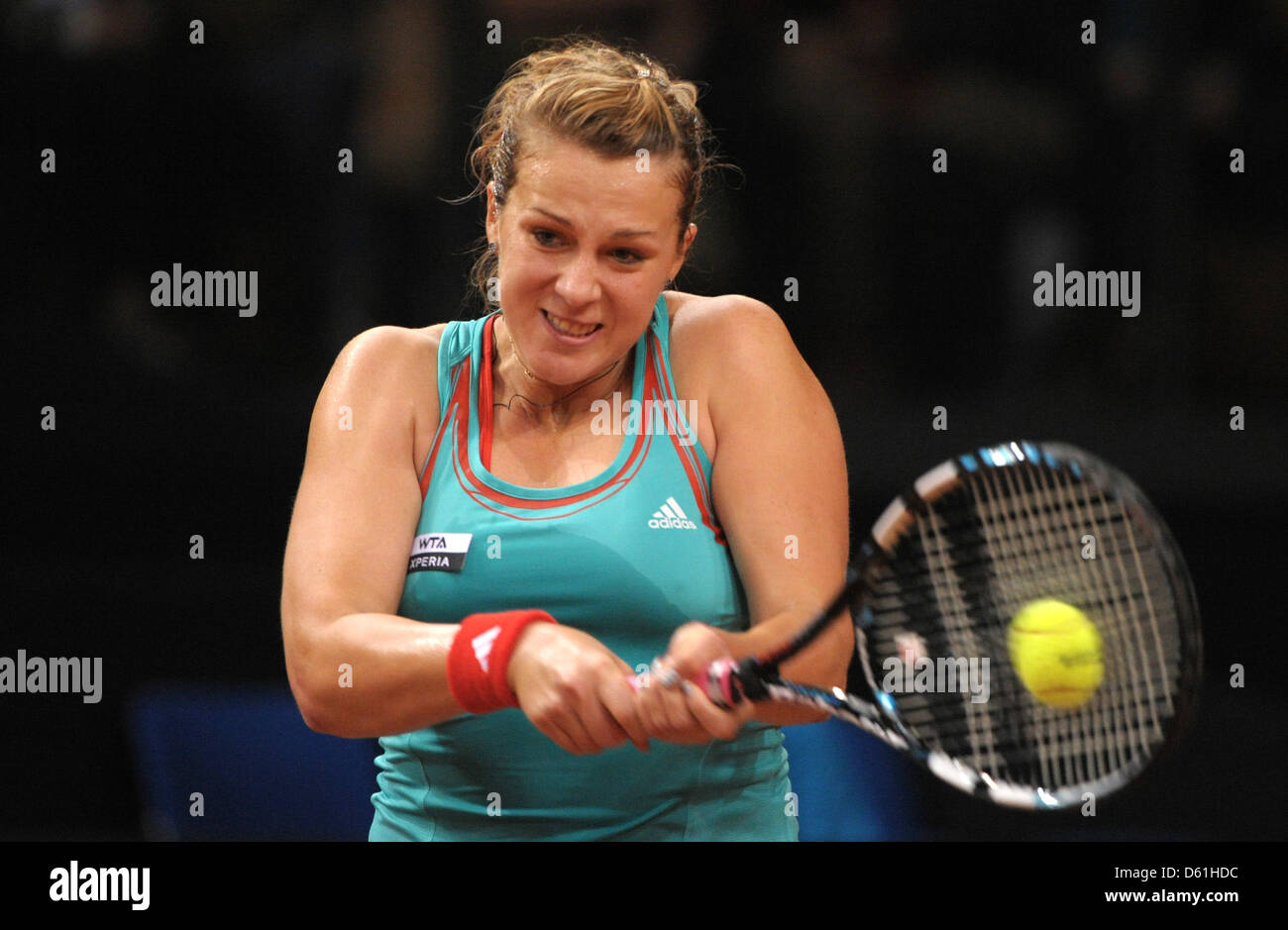 Russia's Anastasia Pavlyuchenkova plays agains Germany's Goerges during the first round of the WTA tournament in Stuttgart, Germany, 24 April 2012. Photo: MARIJAN MURAT Stock Photo