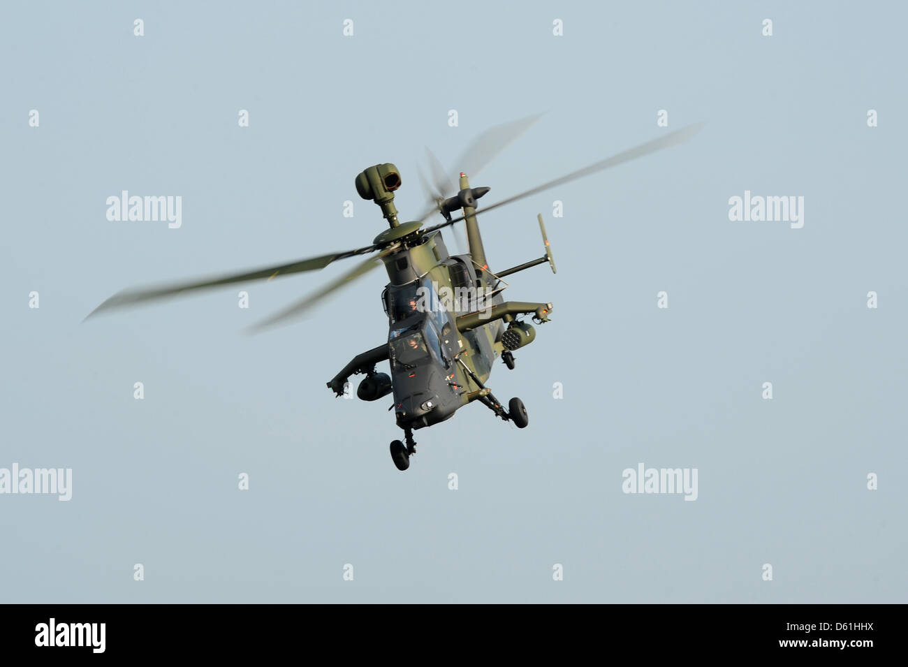 A Eurocopter Tiger attack helicopter is pictured in flight during a presentation of weapons systems by the German Federal Defence Force at the military training area in Putlos, Germany, 25 April 2012. Representatives of the member states of the Organization for Security and Co-operation un Europe (OSCE) visited the presentation as part of the series of events 'Military Contacts 201 Stock Photo