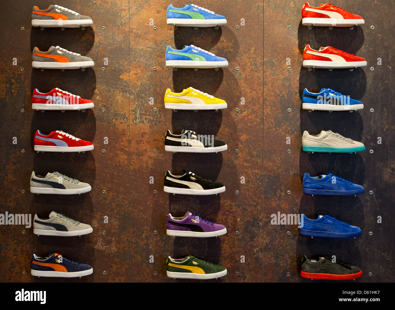 Shoes of the sportswear manufacturer Puma are displayed in a store in  Herzogenaurach, Germany, 24 April 2012. In 2011, Puma reached the three  billion euro turnover mark for the first time. The