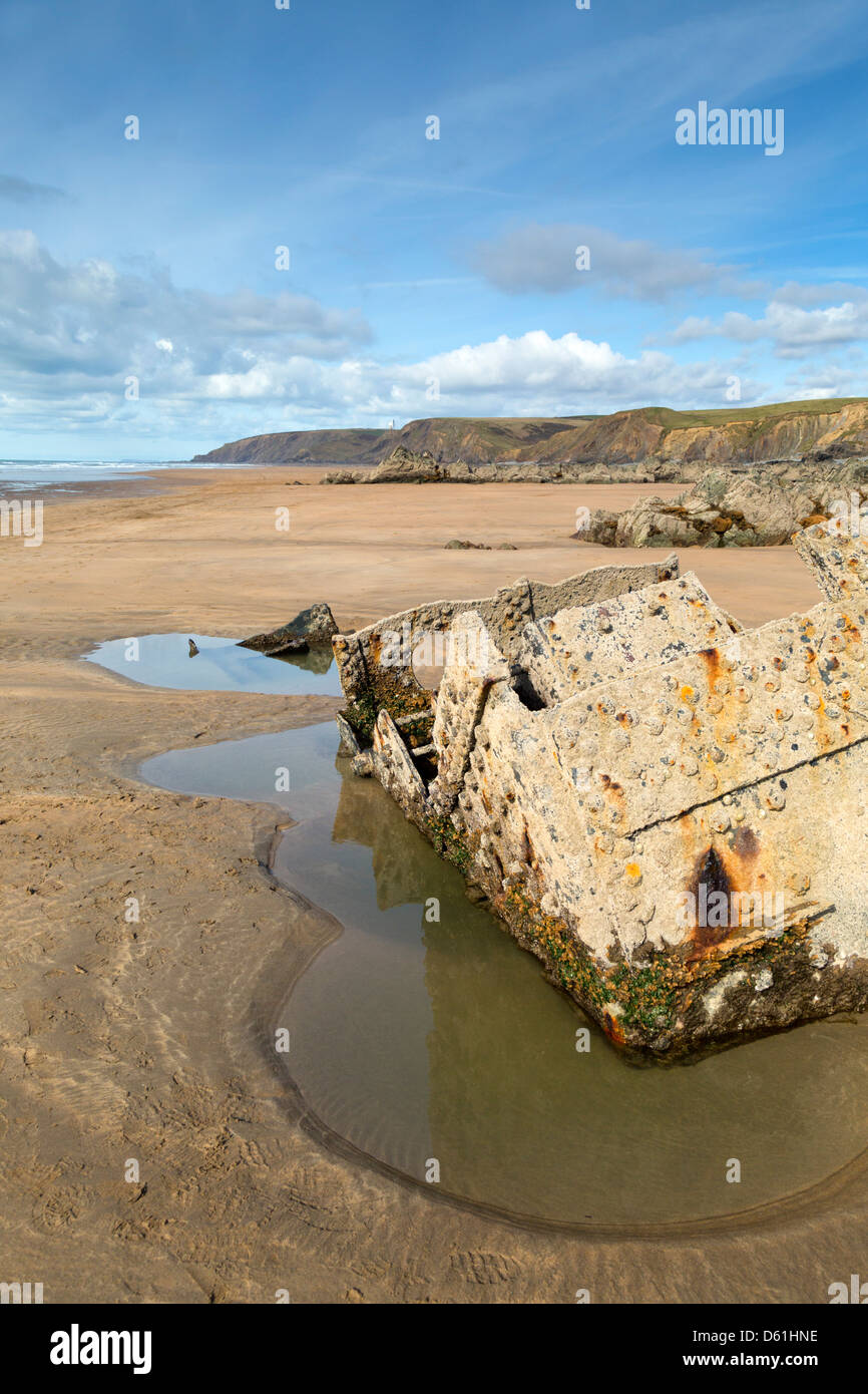 Beach; Near Flexbury; Bude; Cornwall; Remains of an Old Ship;UK Stock