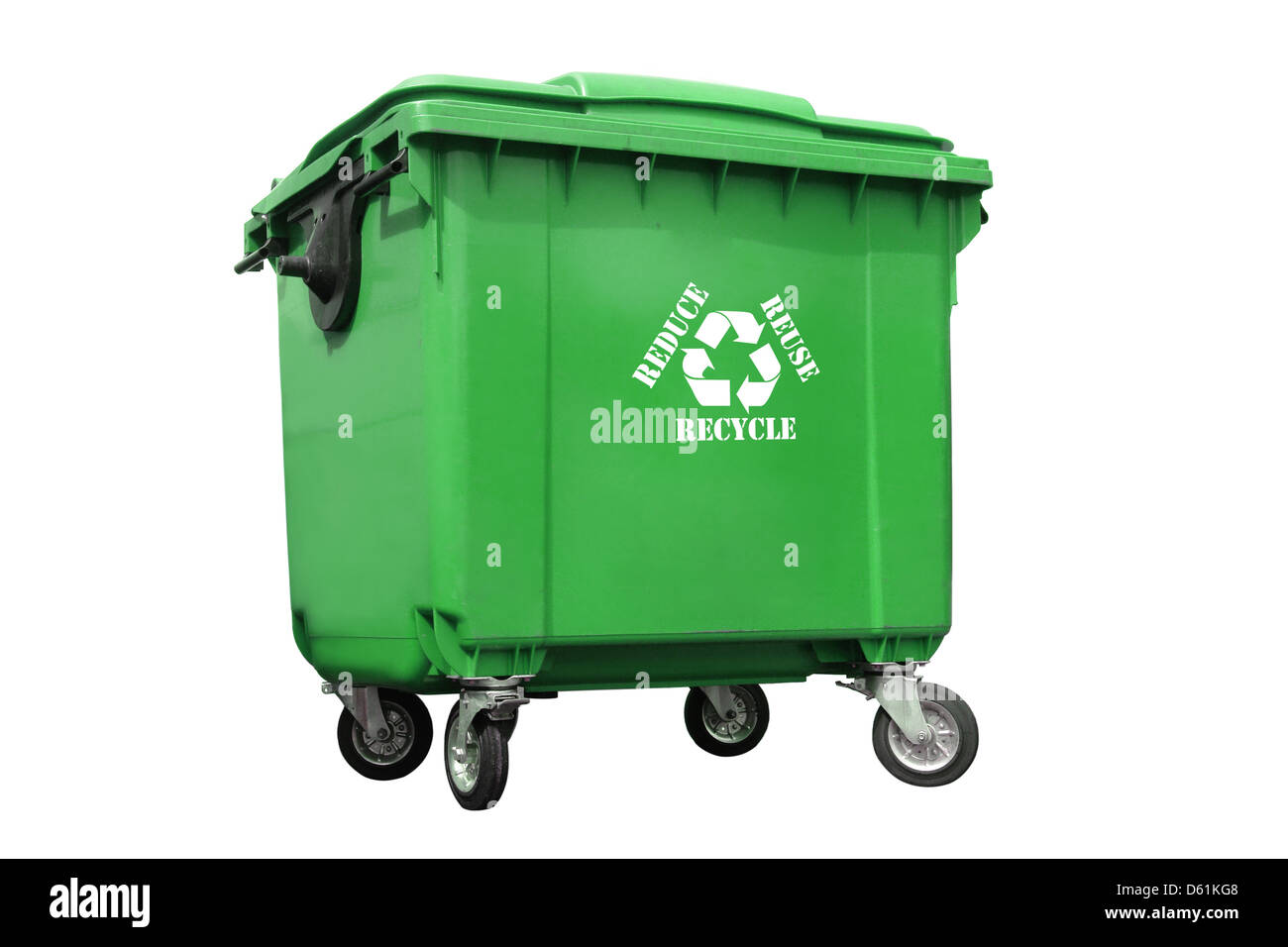 Green plastic trash container with white recycle symbol and reduce-reuse-recycle text - over white background Stock Photo