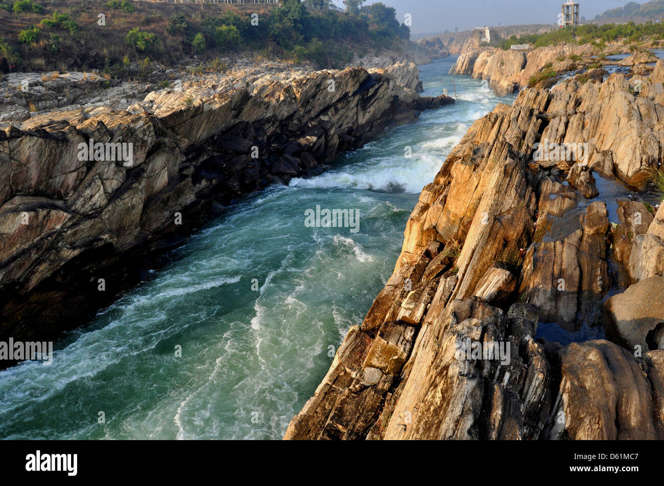 The River Narmada flows through a canyon or gorge of Marble rocks in Bhedaghat in Jabalpur district of  Indian Madhya Pradesh Stock Photo