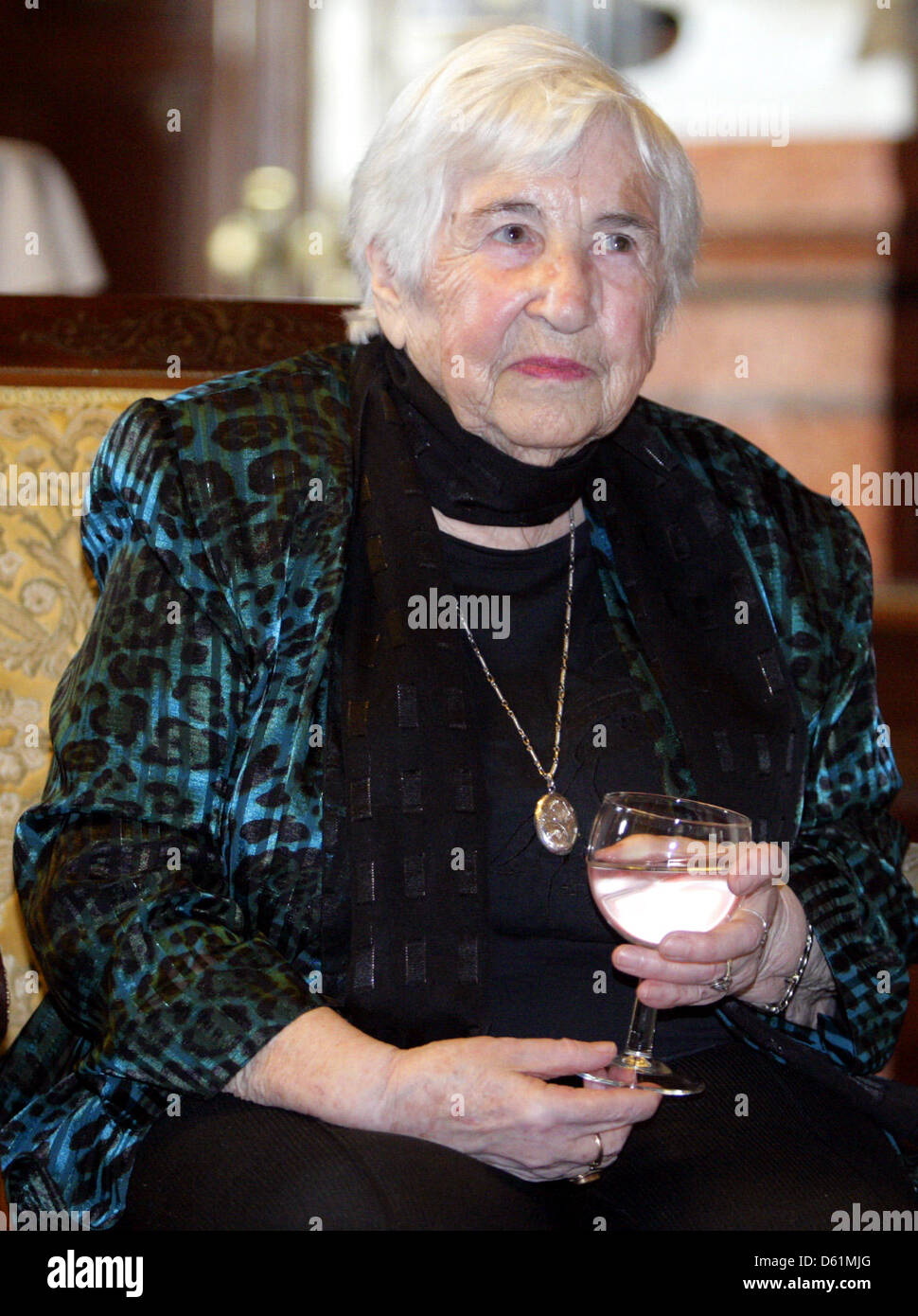 Esther Bejarano is pictured at the city hall in Hamburg, Germany, 26 April 2012. Mayor of Hamburg Olaf Scholz awarded her the Great Federal Cross of Merit. Bejarano is one of the last survivors of the girls' orchestra of Auschwitz. Photo: DANIEL BOCKWOLDT Stock Photo