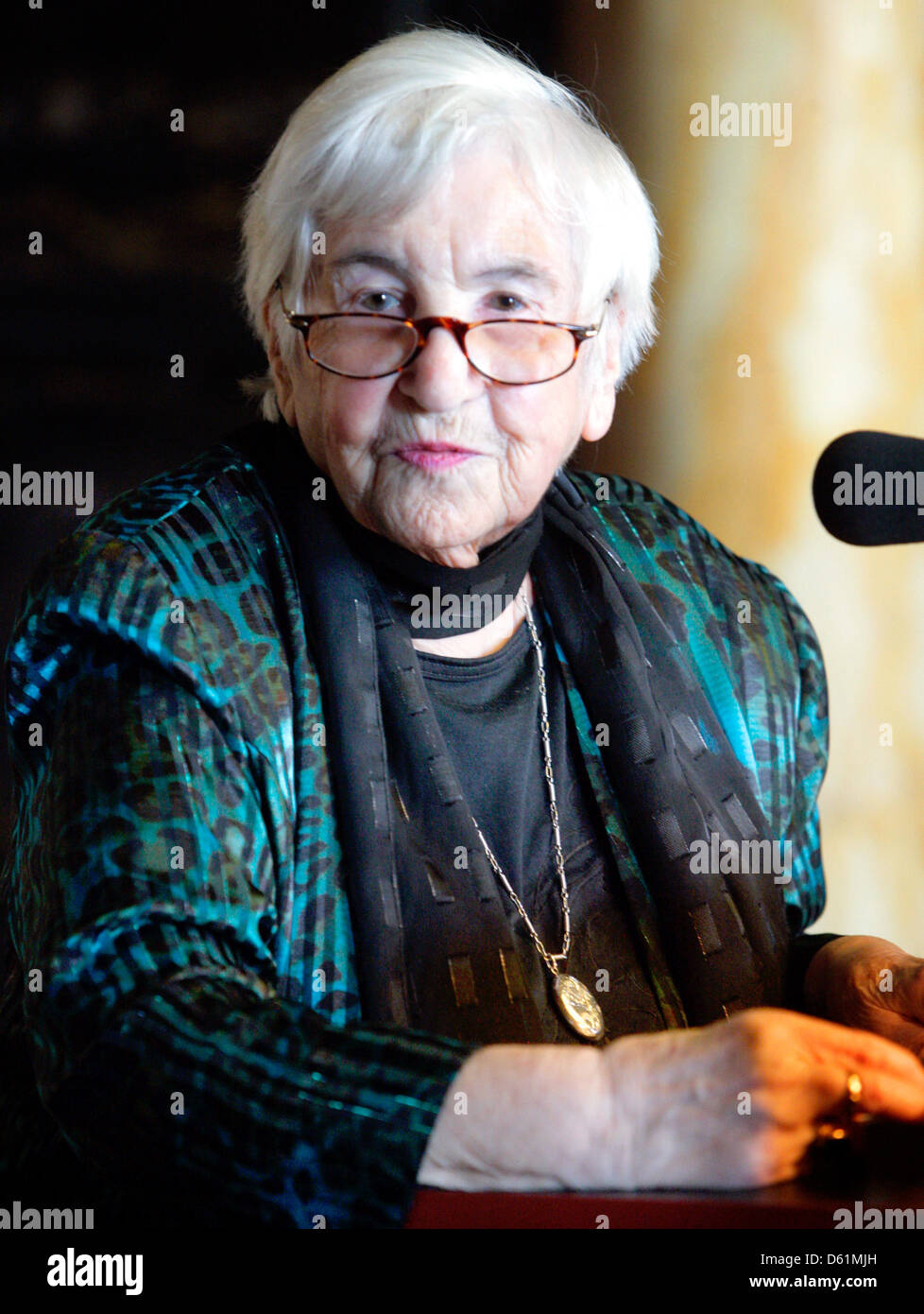Esther Bejarano is pictured at the city hall in Hamburg, Germany, 26 April 2012. Mayor of Hamburg Olaf Scholz awarded her the Great Federal Cross of Merit. Bejarano is one of the last survivors of the girls' orchestra of Auschwitz. Photo: DANIEL BOCKWOLDT Stock Photo