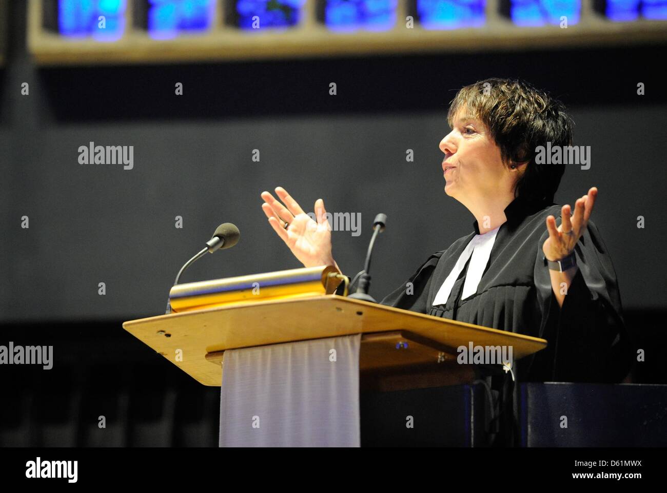 Pastor Margot Kaessmann talks in the Kaiser Wilhelm Memorial Church in Berlin, Germany, 27 April 2012. The theologian was inaugurated as ambassafor of the Council of the Evangelical Church in Germany (EKD) for the 2017 anniversary of the reformation during a religious service. Photo: ANDREAS SCHOELZEL Stock Photo