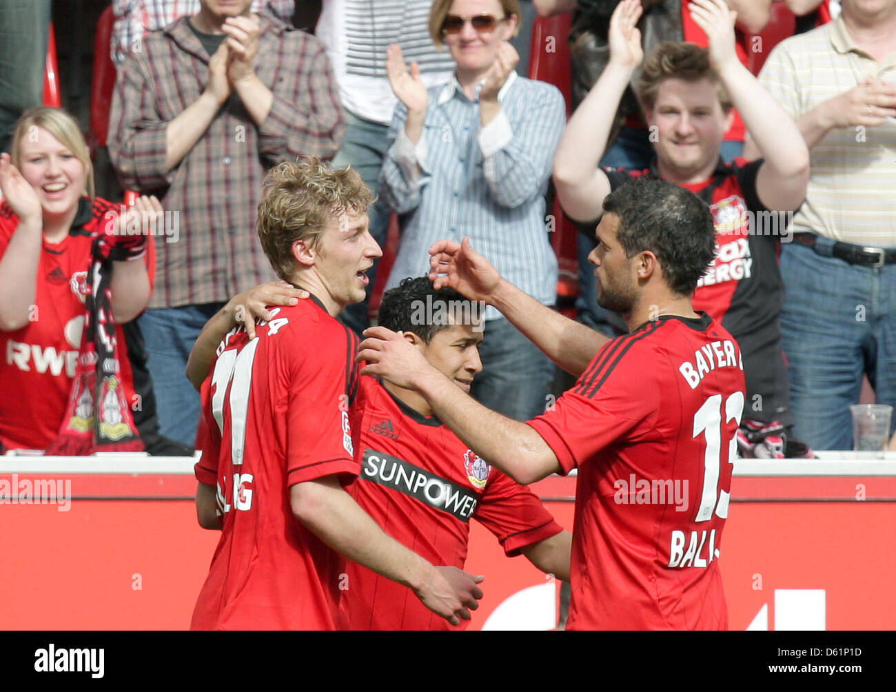 Leverkusens Stefan Kiessling L Celebrates His 1 0 Goal With Michael Ballack During The 