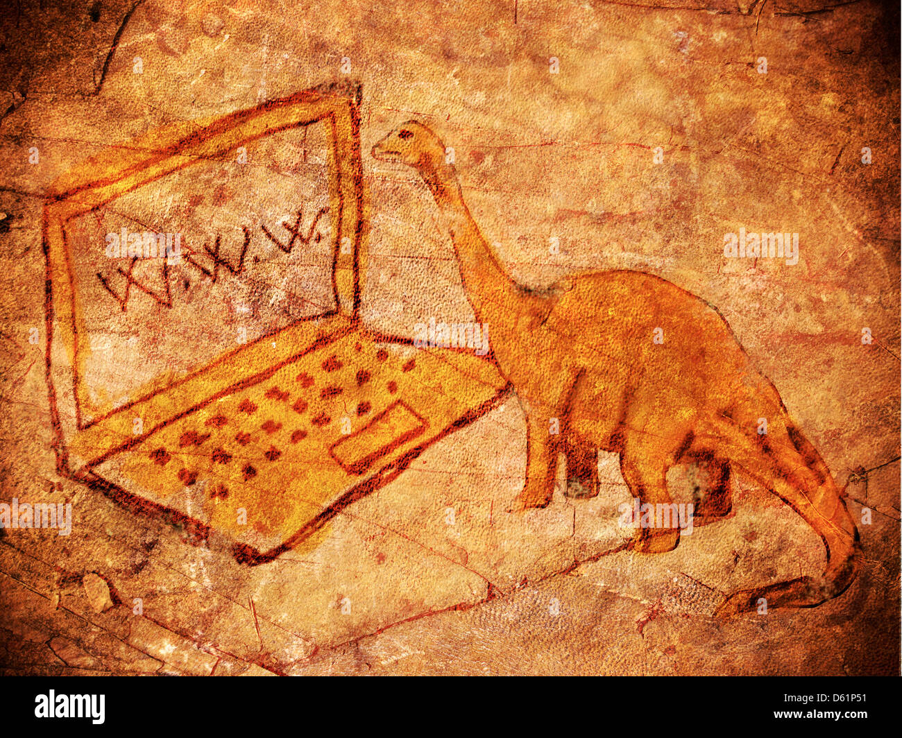 prehistoric petroglyph with computer and dinosaur Stock Photo