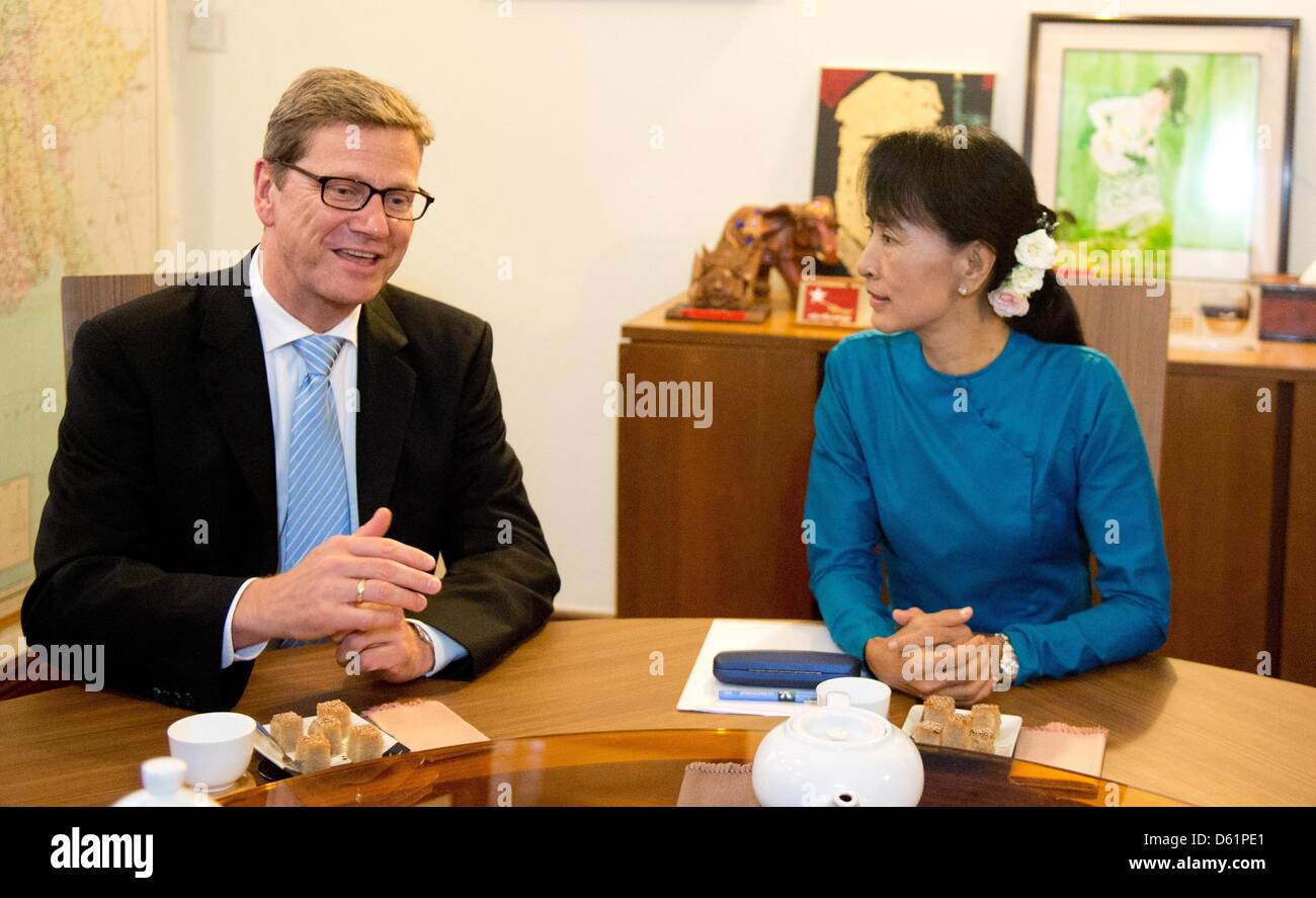 German Foreign Minister Guido Westerwelle talks to peace nobel price laureate and chairwoman of the National League for Democracy, Aung San Suu Kyi, at Suu Kyi's residence in Yangon, Myanmar, 29 April 2012. Reports state that Westerwelle is currently touring several Asian countries. Photo: SEBASTIAN KAHNERT Stock Photo