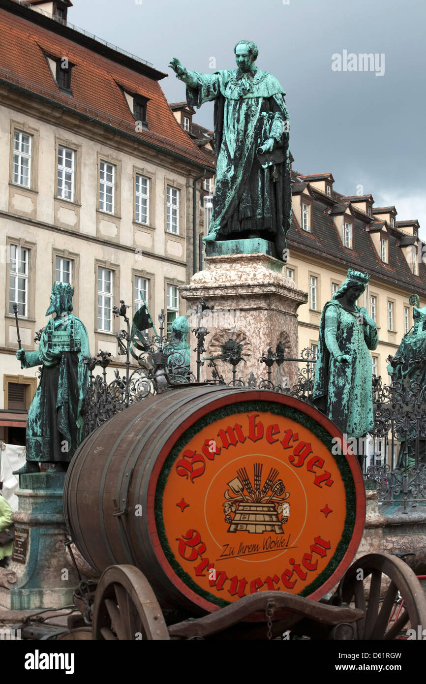 A beer barrel mounted on a cart in Maximillian Square during a beer festival in Bamberg, Germany, an UNESCO World Heritage Site. Stock Photo
