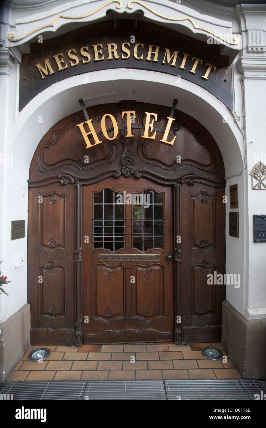 entrance to famed Messerschmitt Hotel in the heart of Bamberg, Germany, an UNESCO World Heritage Site. Stock Photo