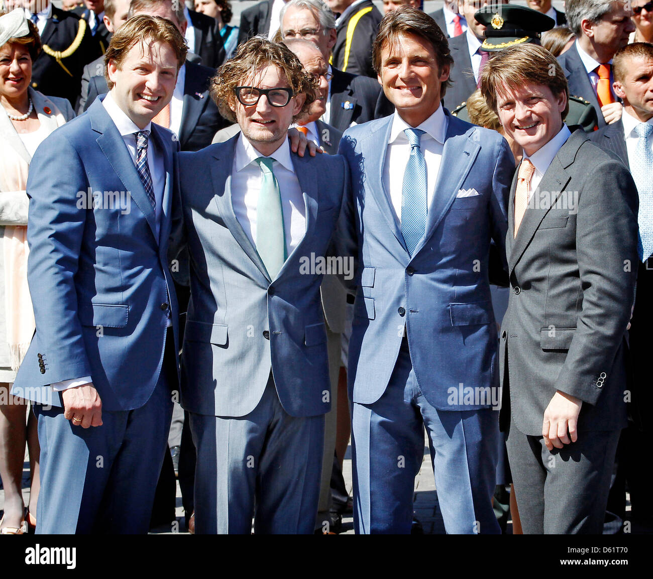Dutch Prince Floris (L-R), Prince Bernhard, Prince Maurits and Prince Pieter Christiaan during for the Queen's Day celebration in Rhenen, The Netherlands, 30 April 2012. Queen's Day celebrates the birthday of the Queen of the Netherlands. Queen's Day is a national holiday in the Netherlands, on the 30th April (or on the 29th if the 30th is a Sunday). The tradition started on 31 Aug Stock Photo