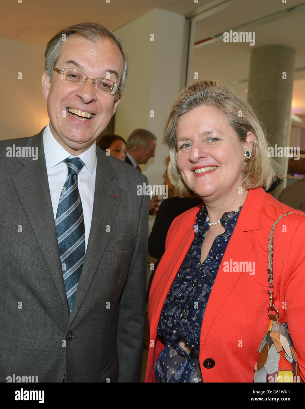 French ambassador Maurice Gourdault-Montagne and Countess Christiane of Rantzau talk at a cocktail lunch at the French embassy at the Brandenburg Gate in Berlin, Germany, 03 May 2012. The reception took place on the occasion of the Parisien arts and antiques fair 'Biennale des Antiquaires'. Photo: Jens Kalaene Stock Photo
